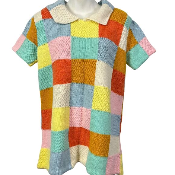 Vintage Peterpan Collar Brady Bunch Groovy Checkered Sweater 70s Patchwork M - Picture 1 of 14